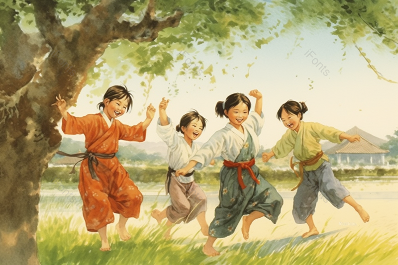 大树下玩的很开心的小朋友们手绘插画图,插画/手绘图,插画/手绘图库,插画/手绘图下载,插画/手绘